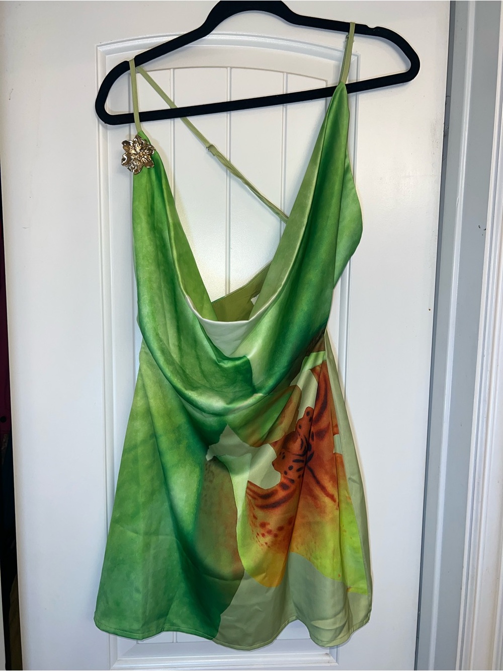 Peppermayo | Green Floral Print Asymmetrical Neckline Mini Dress - Picture 2 of 4